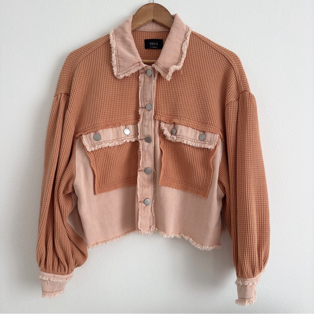 Vici Monica Cotton Waffle Knit Frayed Shacket • Pink Orange Combo - Picture 2 of 11